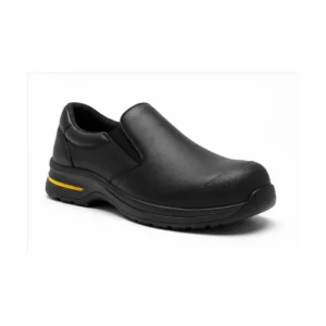Private label slip resistant healthcare slip on shoe in black with a safety-yellow accent, offered to wholesale and private label safety footwear buyers