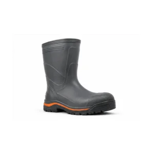 Private label slip resistant food processing work boot in charcoal with a muted orange accent, offered to wholesale and private label safety footwear buyers