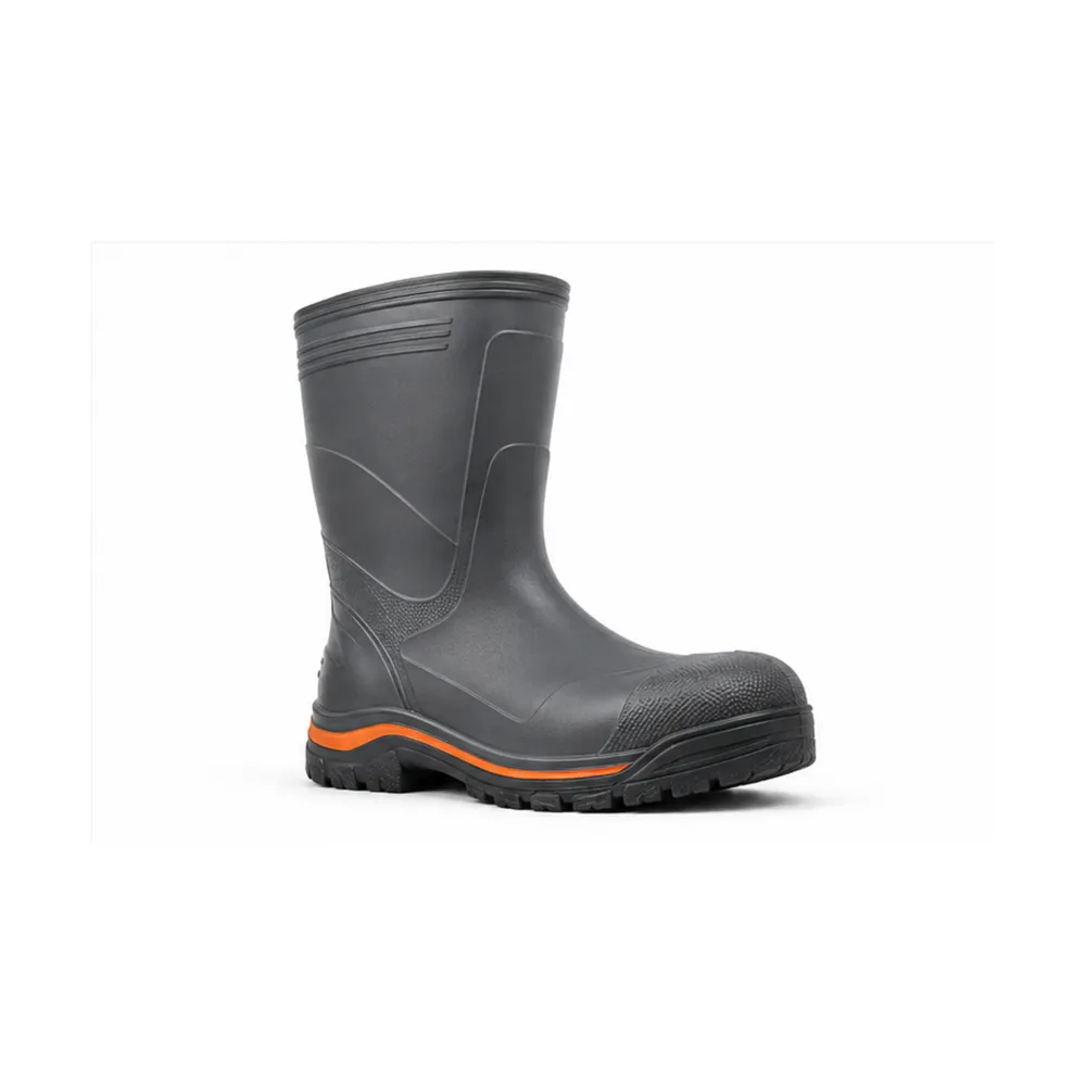 Private label slip resistant food processing work boot in charcoal with a muted orange accent, offered to wholesale and private label safety footwear buyers
